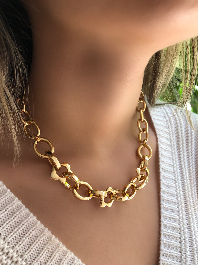 Colar Olívia Corrente Elos Ovais E Flores 45cm