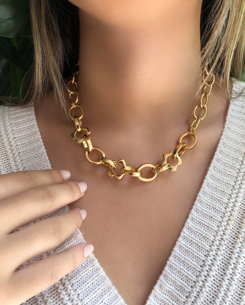 Colar Olívia Corrente Elos Ovais E Flores 45cm