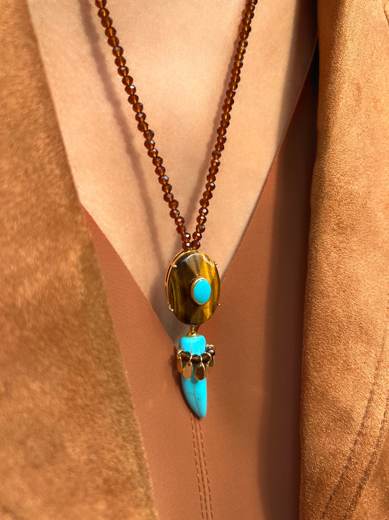 Colar Pedra Olho De Tigre Com Dente Turquesa E Gotinhas 50cm