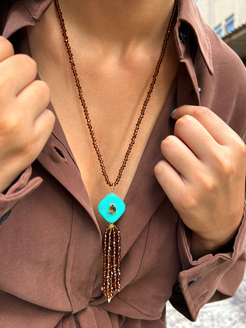 Colar Pedra Turquesa E Franja Tassel 70cm