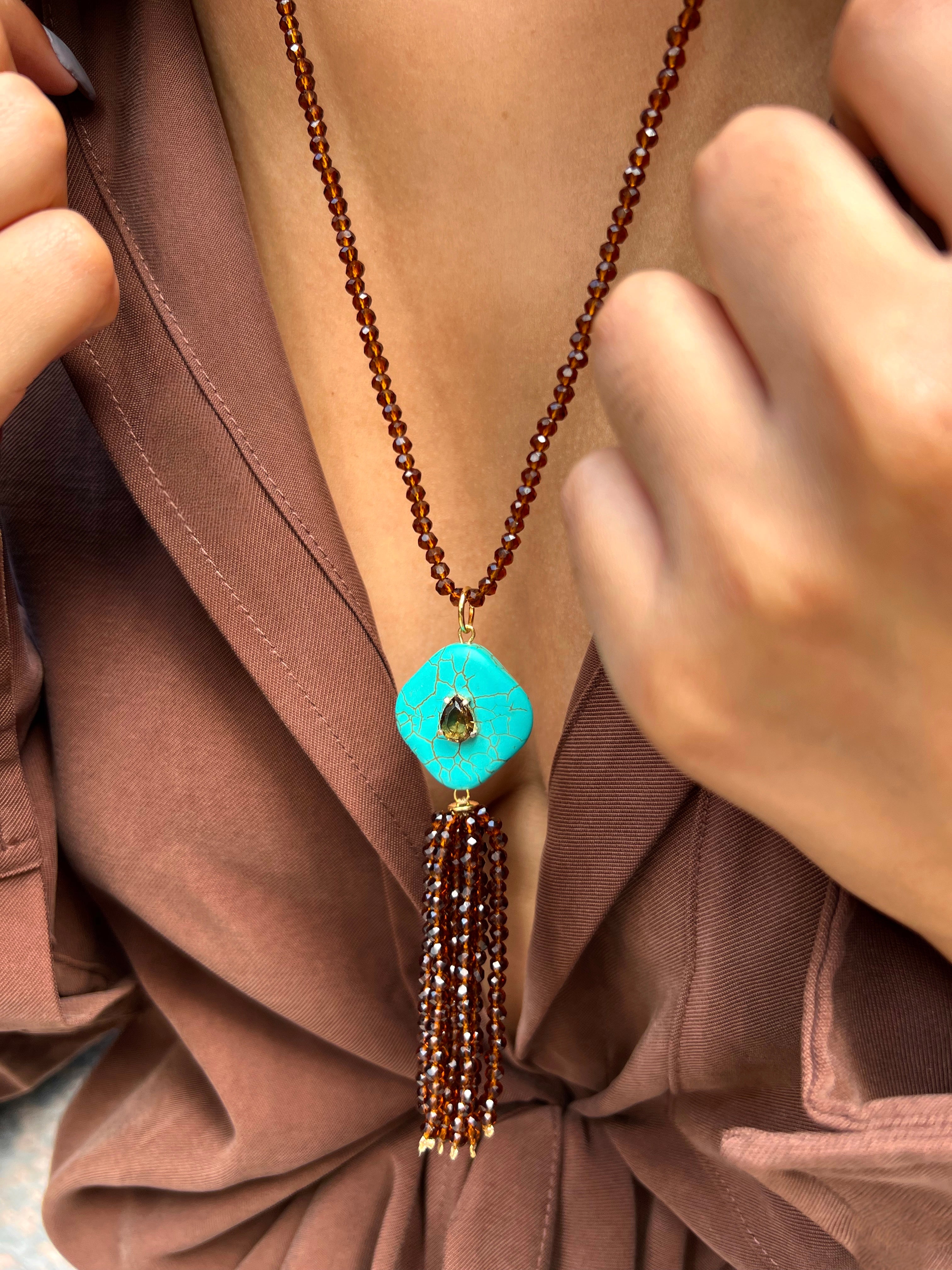 Colar Pedra Turquesa e Franja Tassel 70cm
