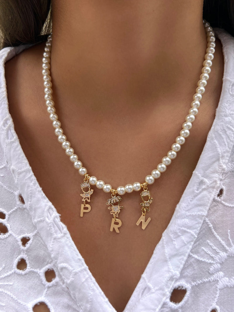 Colar 3 Filhos Cravejados Pérolas + Iniciais  45CM