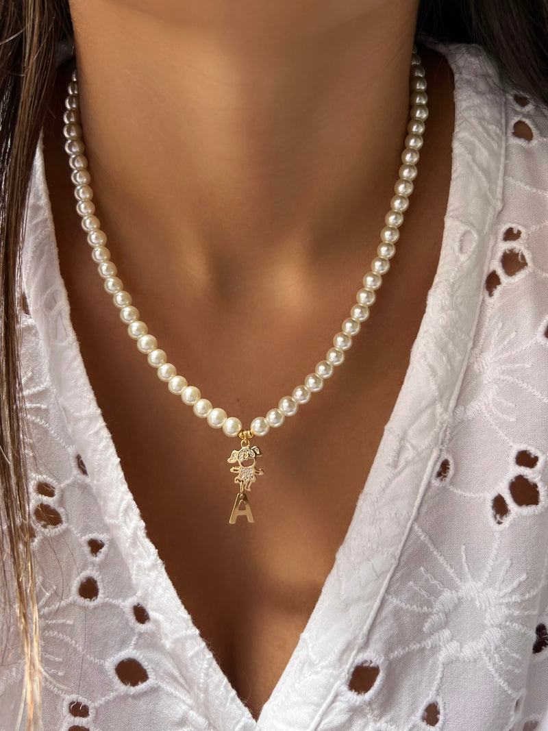 Colar 1 Filho Cravejado Com Pérolas + Inicial  45cm