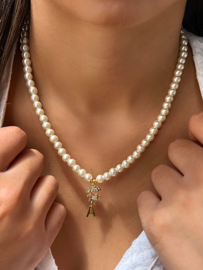 Colar 1 Filho Cravejado Com Pérolas + Inicial  45cm