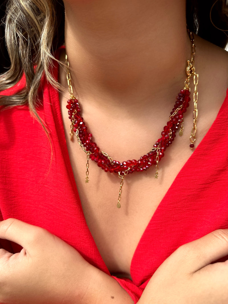 Colar Rebeca New Cristais Vermelho Cherry  55cm