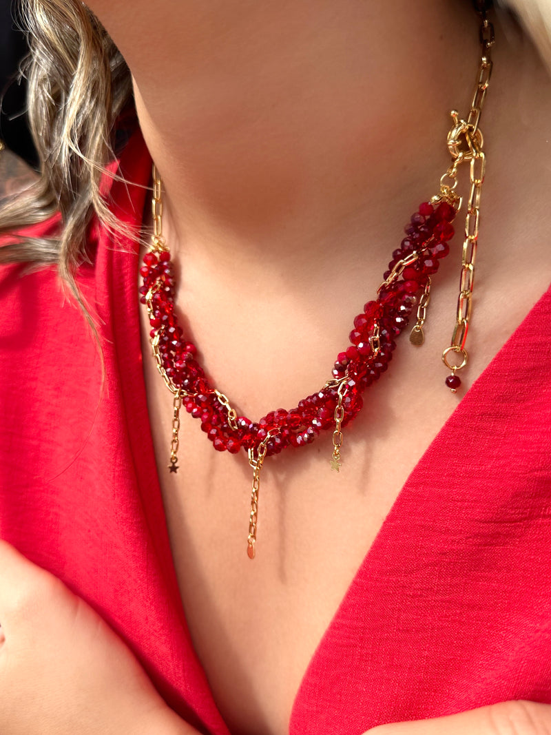 Colar Rebeca New Cristais Vermelho Cherry  55cm