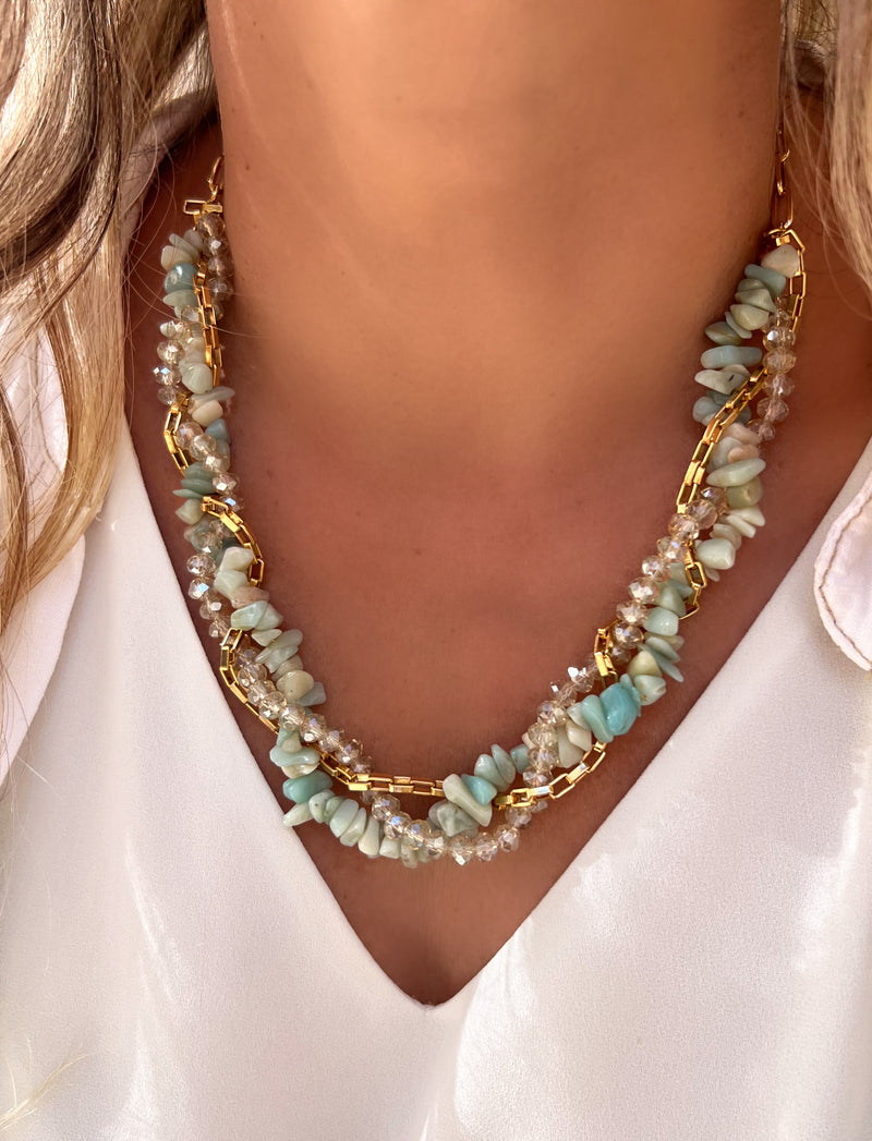 Conjunto Rebeca Torcido Com Cristais, Corrente E Cascalho Amazonita