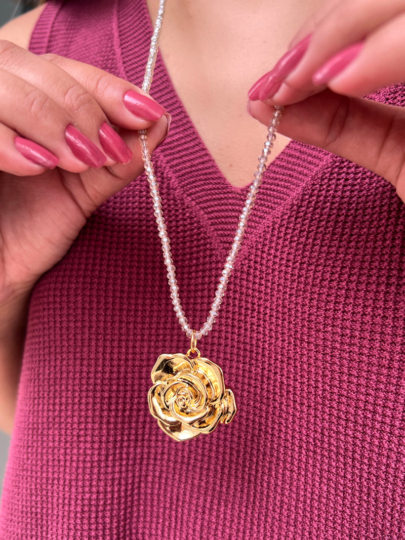 Colar Relicário Rosa Cristais Lapidados 70cm