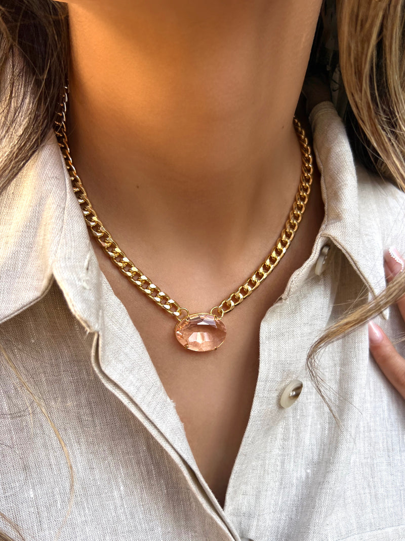 Colar Corrente Grume Leve Oval Acrilíco Cor Morganita 42cm