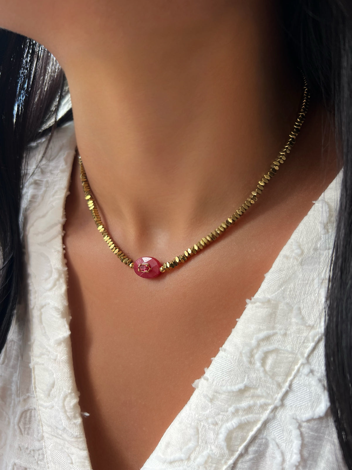 Colar Hematita Com Pedra Natural Jade Rubi 40cm