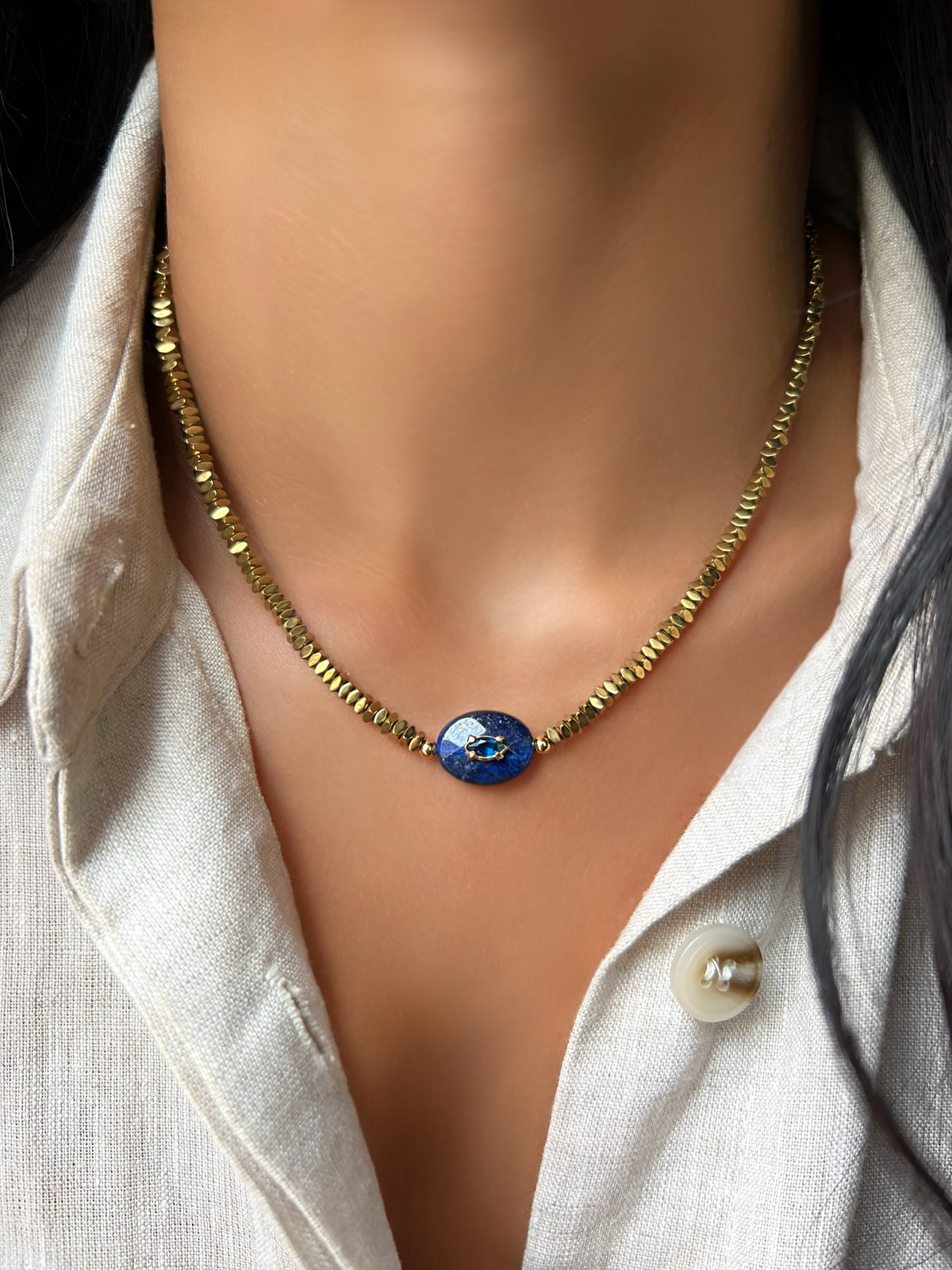 Colar Hematita Com Pedra Natural Lápis Lazuli 40cm
