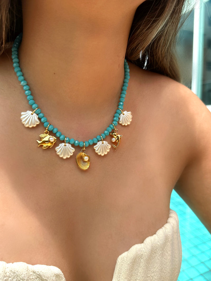 Colar Linha Mar Cristais Lapidados Cor Turquesa E Pingentes 42cm