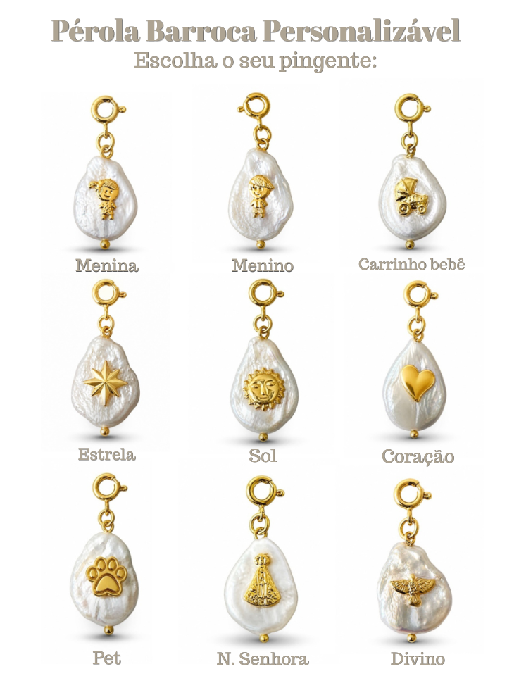 Colar Mini Portuguesa Com Pérola Barroca Personalizável, Baguete Zircônia e Inicial 45cm