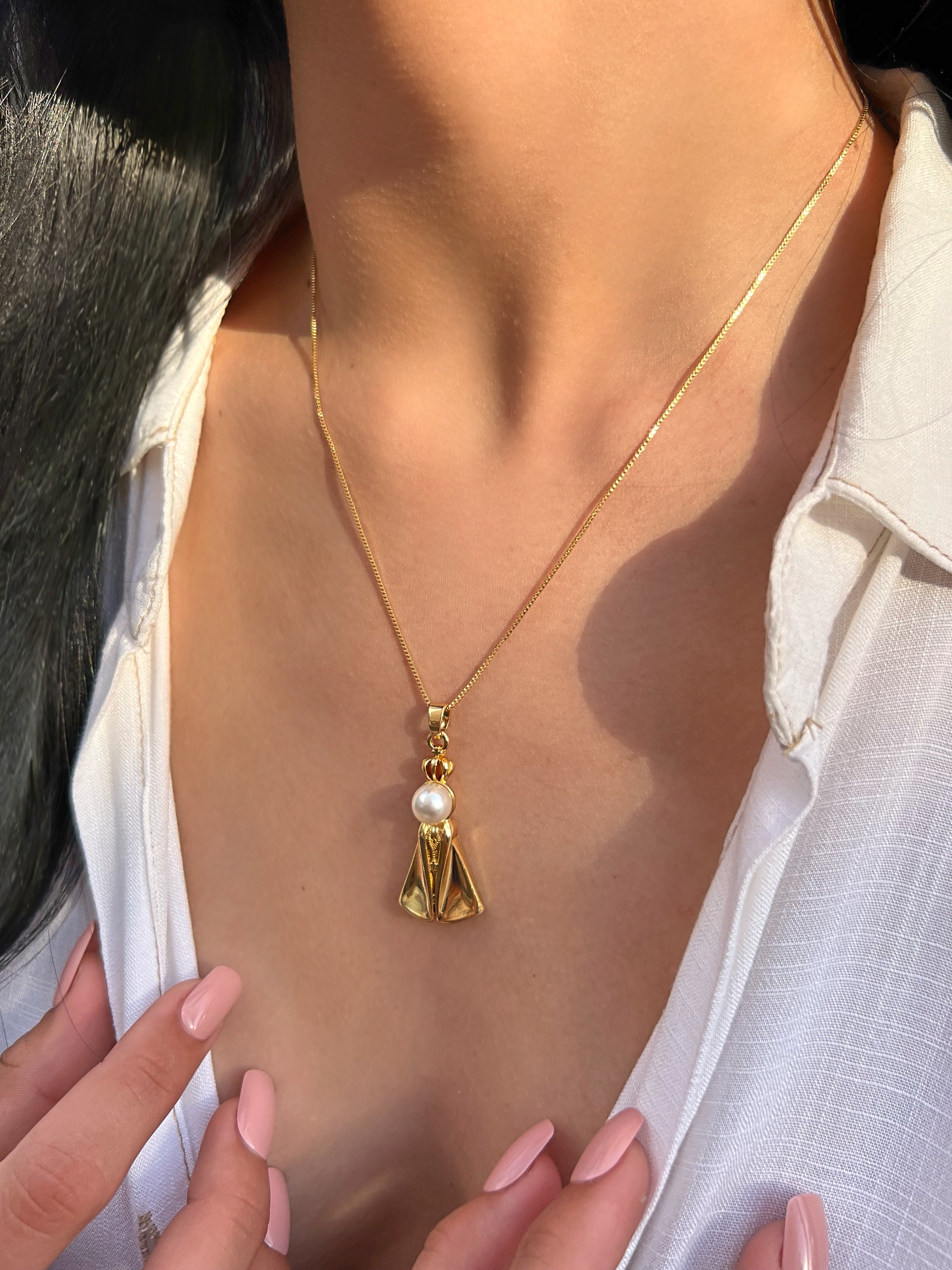 Colar Veneziana Nossa Senhora Com Pérola Banho Ouro 45cm