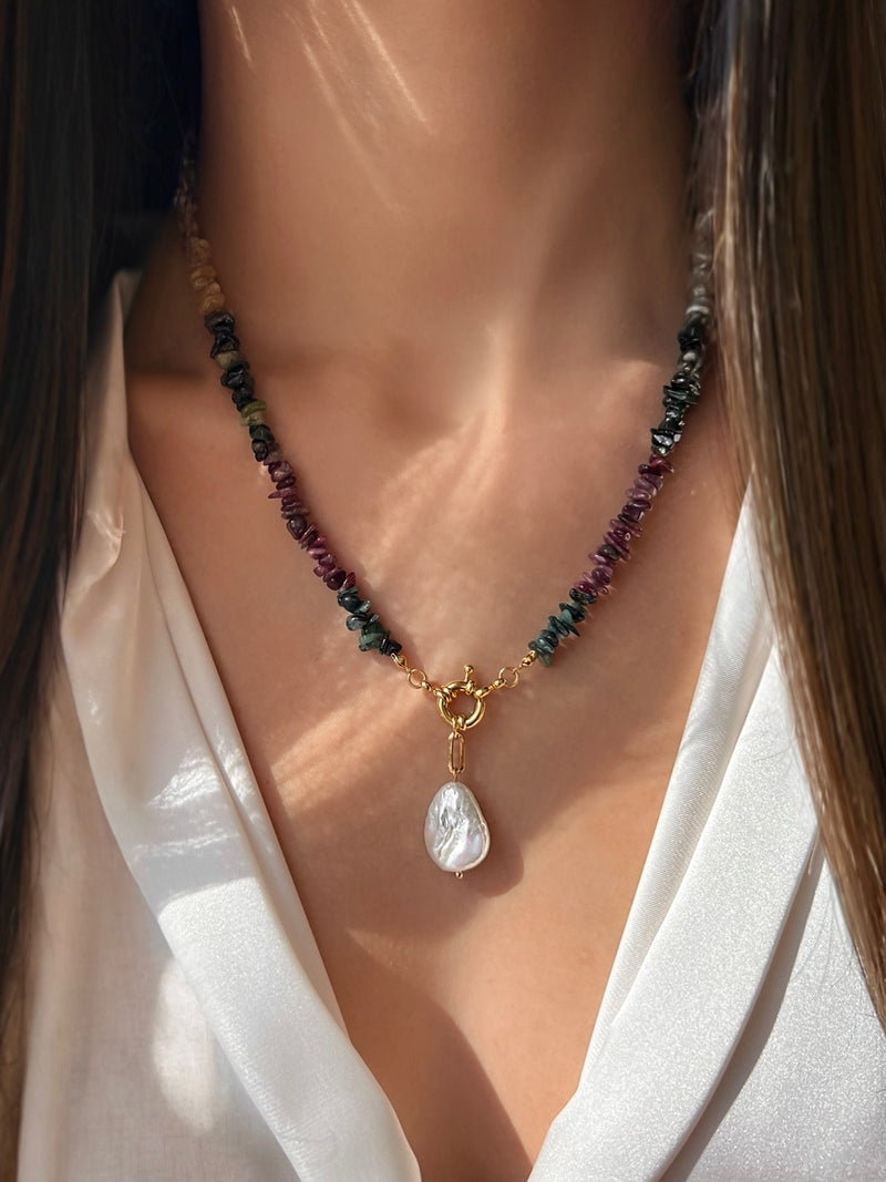 Colar Cascalho Turmalina Com Pérola Barroca 50cm