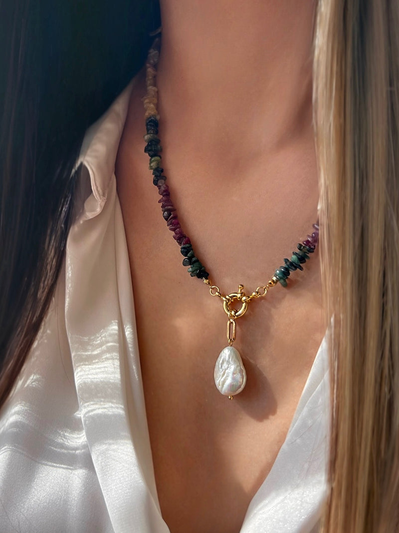 Colar Cascalho Turmalina Com Pérola Barroca 50cm