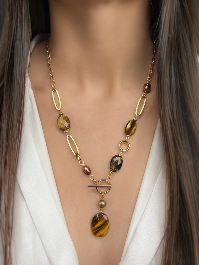 Colar Com Pedras Olho de Tigre Longo 55cm