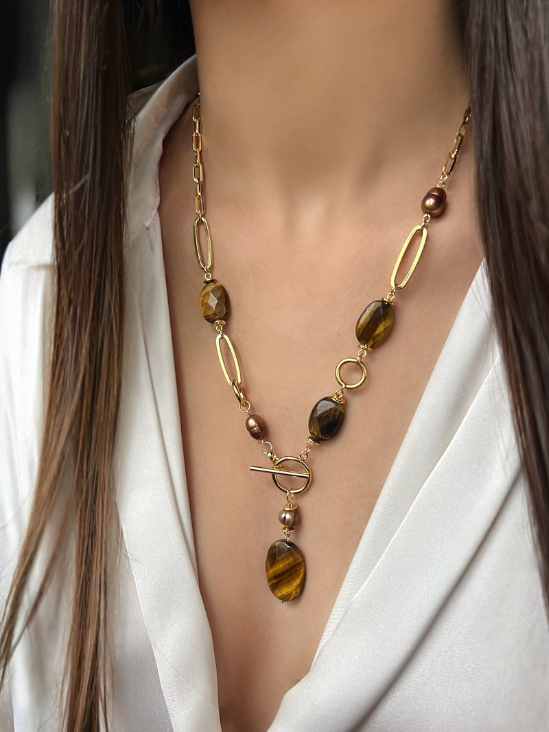 Colar Com Pedras Olho de Tigre Longo 55cm