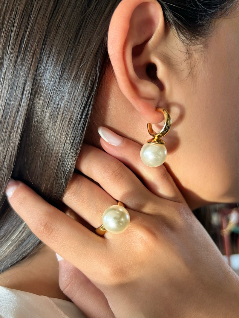 Conjunto De Duas Peças Brinco E Anel Com Pérola