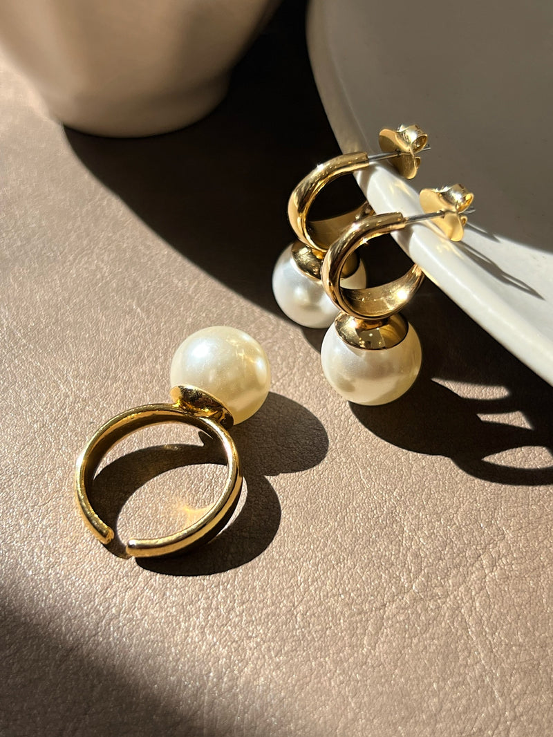 Conjunto De Duas Peças Brinco E Anel Com Pérola