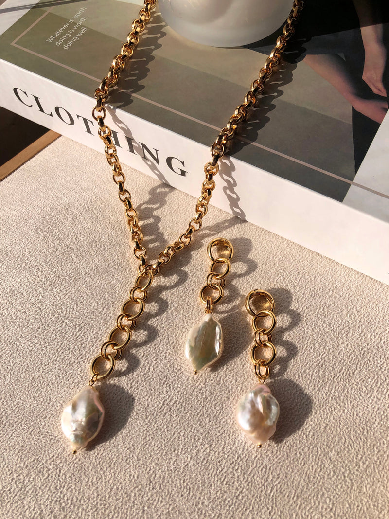 Conjunto Argola Elos E Pérola Barroca