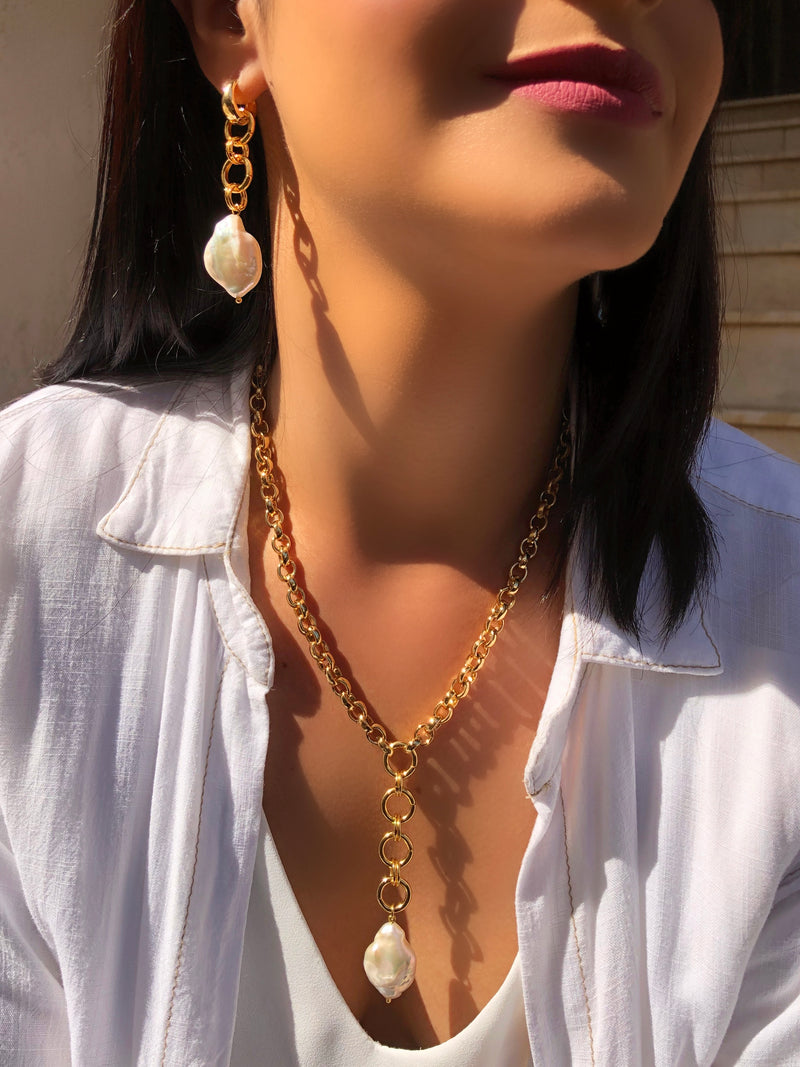 Conjunto Argola Elos E Pérola Barroca