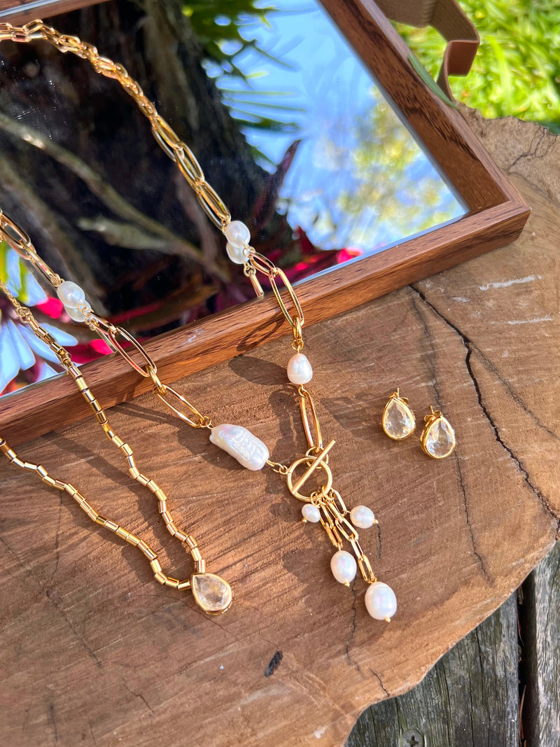 Conjunto Colar Gota Cristal E Pérola Biwa