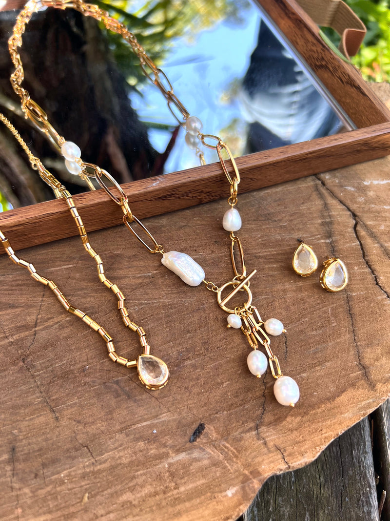 Conjunto Colar Gota Cristal E Pérola Biwa