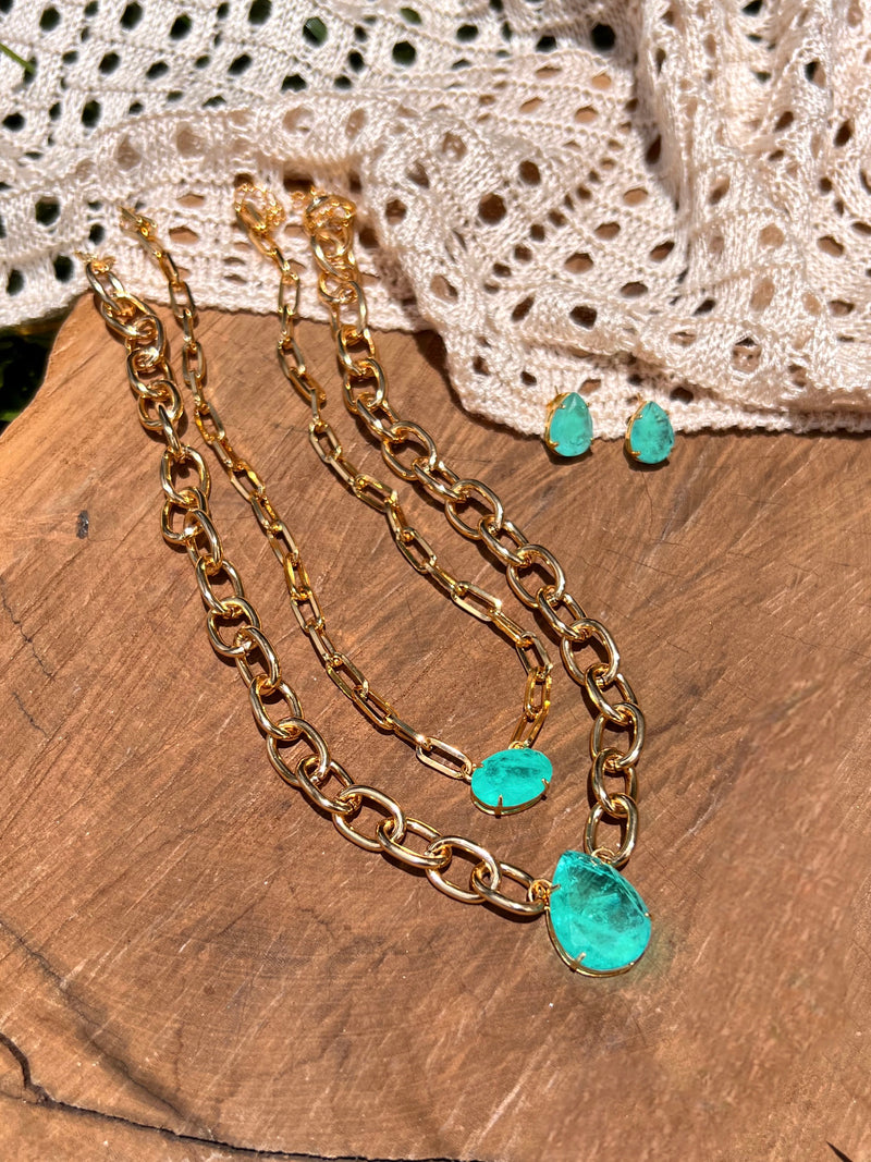 Conjunto Corrente Elos Pedras Lapidadas Fusion Cor Turmalina Paraíba