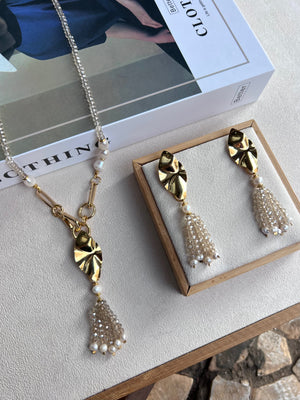 Conjunto Em Cristais Lapidados Com Formas E Tassel Em Cristal E Pérola De Água Doce