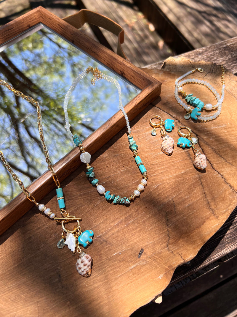 Conjunto Maite Cascalho E Elefante Turquesa, Pérolas E Concha