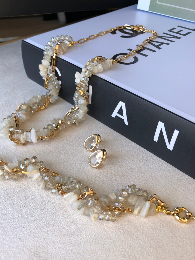 Conjunto Rebeca Torcido Com Cristais, Corrente E Cascalho Quartzo Rutilado