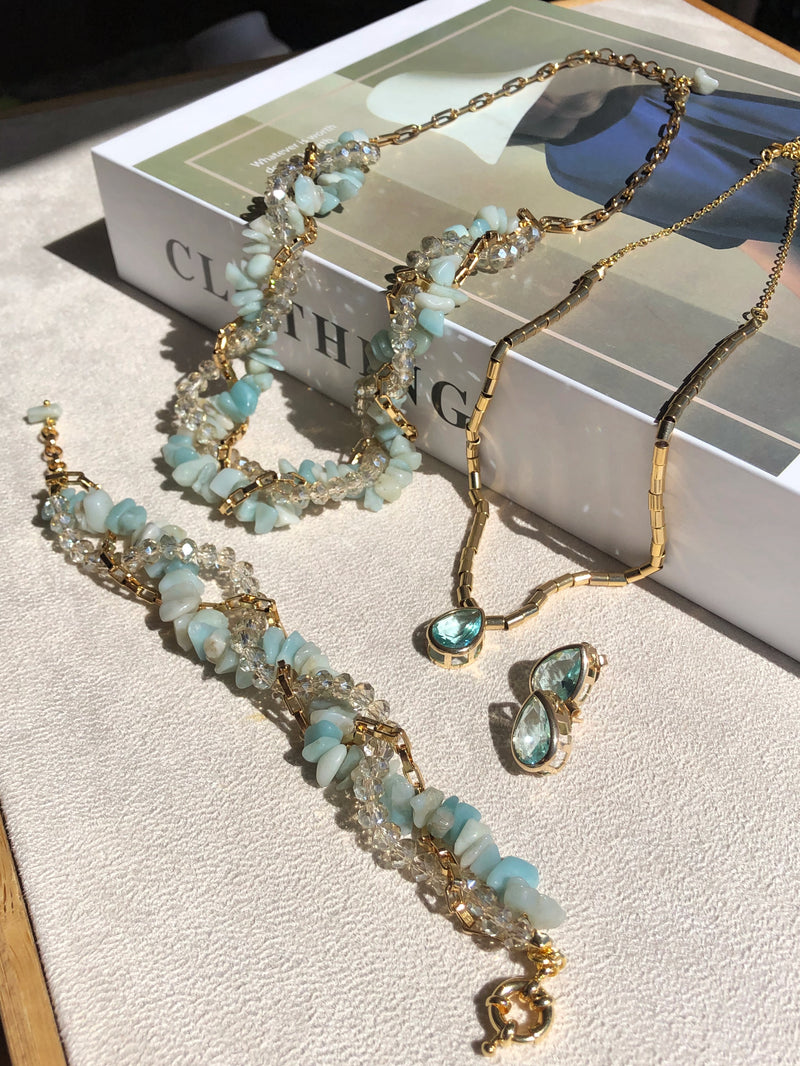 Conjunto Rebeca Torcido Com Cristais, Corrente E Cascalho Amazonita