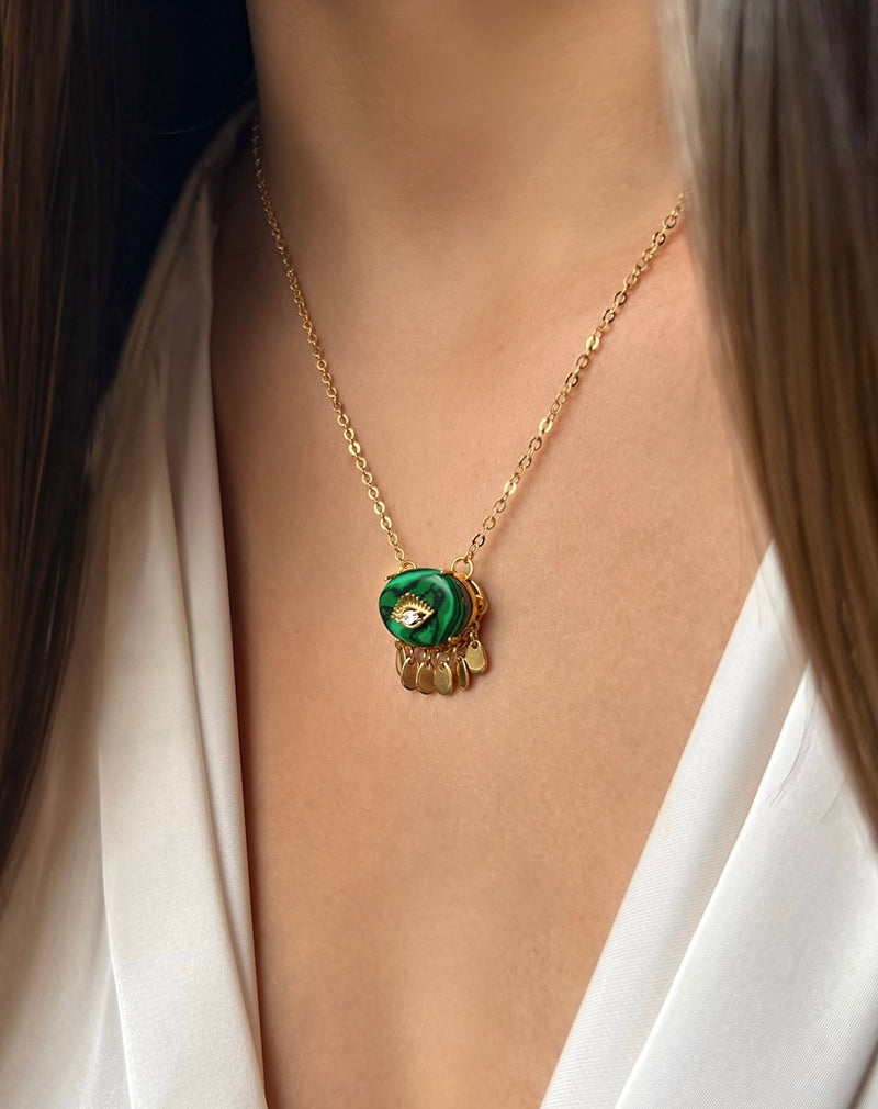 Colar Pedra Malaquita Olho Cravejado E Pingente Gotas 45cm