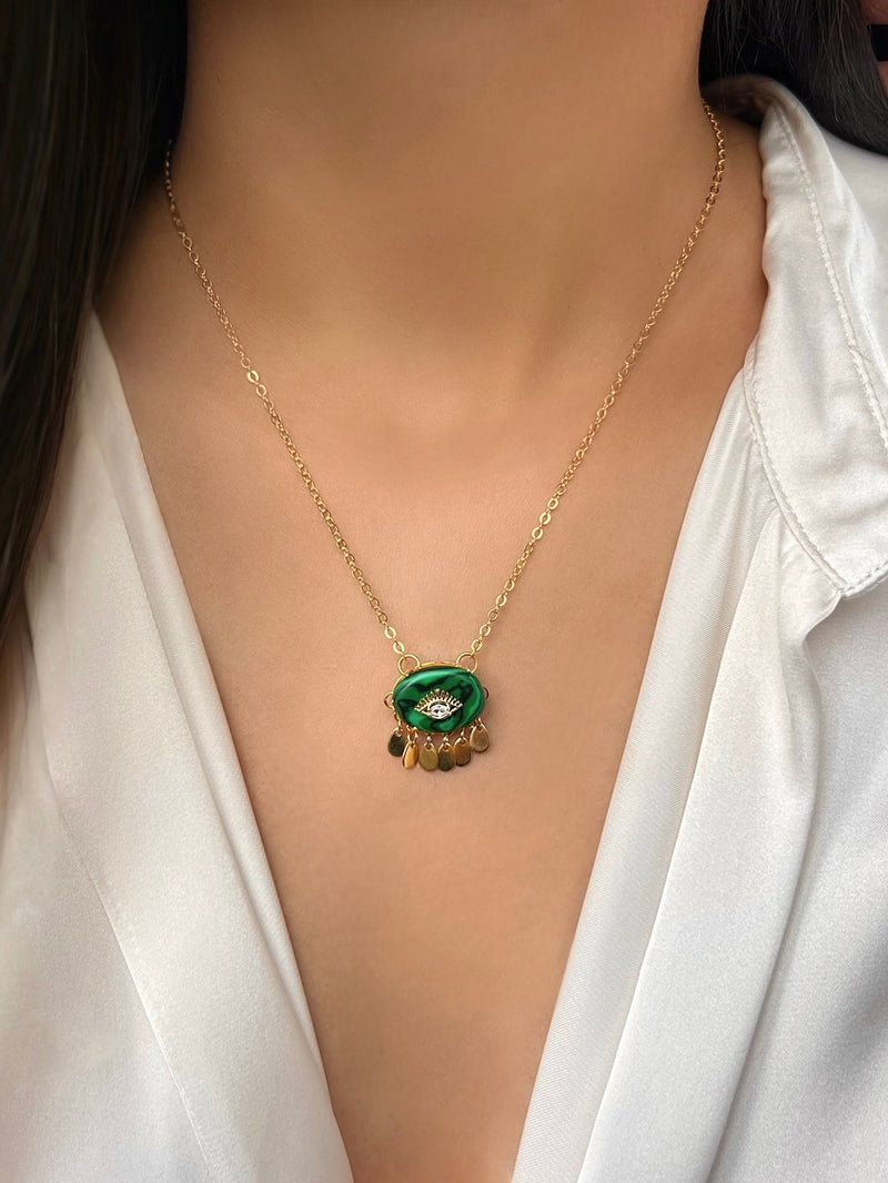 Colar Pedra Malaquita Olho Cravejado E Pingente Gotas 45cm