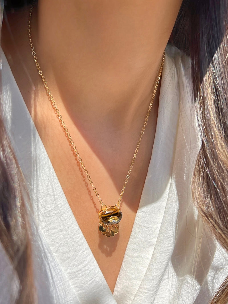 Colar Pedra Olho de Tigre E Olho Cravejado E Pingente Gotas 45cm