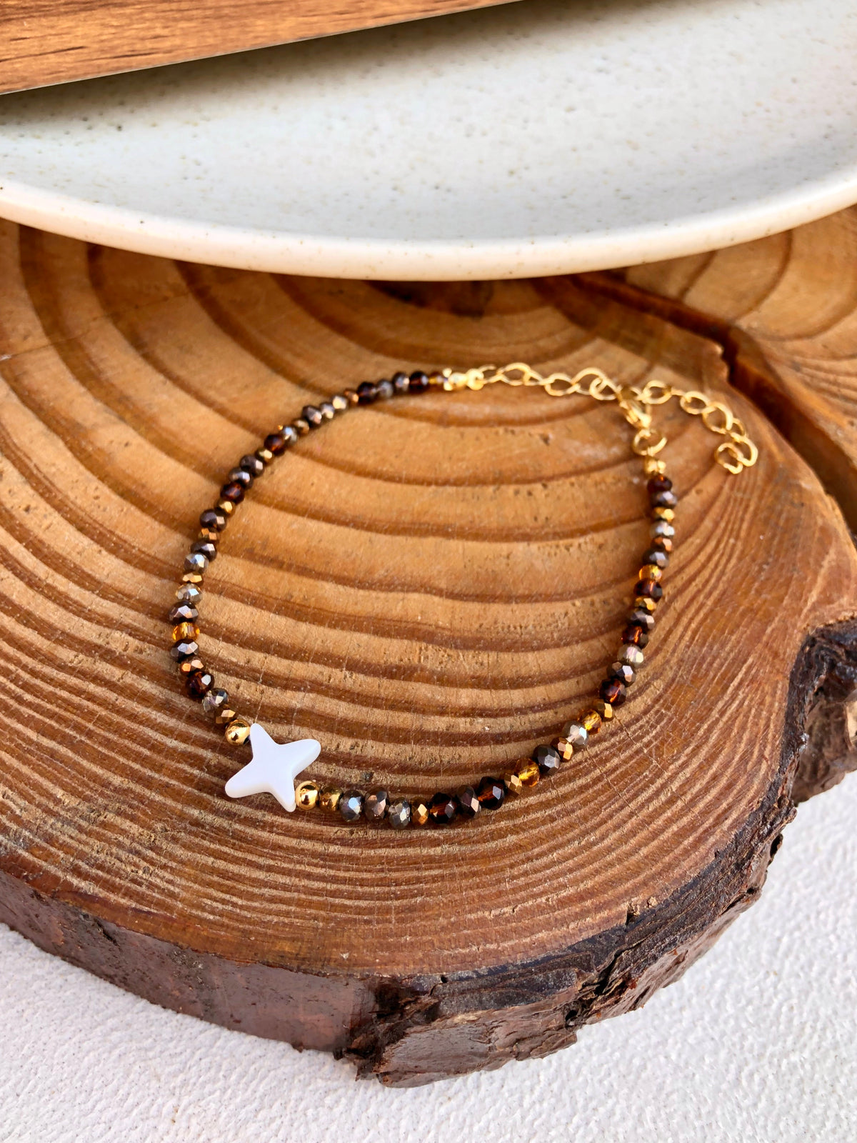 Pulseira Lais Cristais Mix Marrom E Estrela Madrepérola 16cm