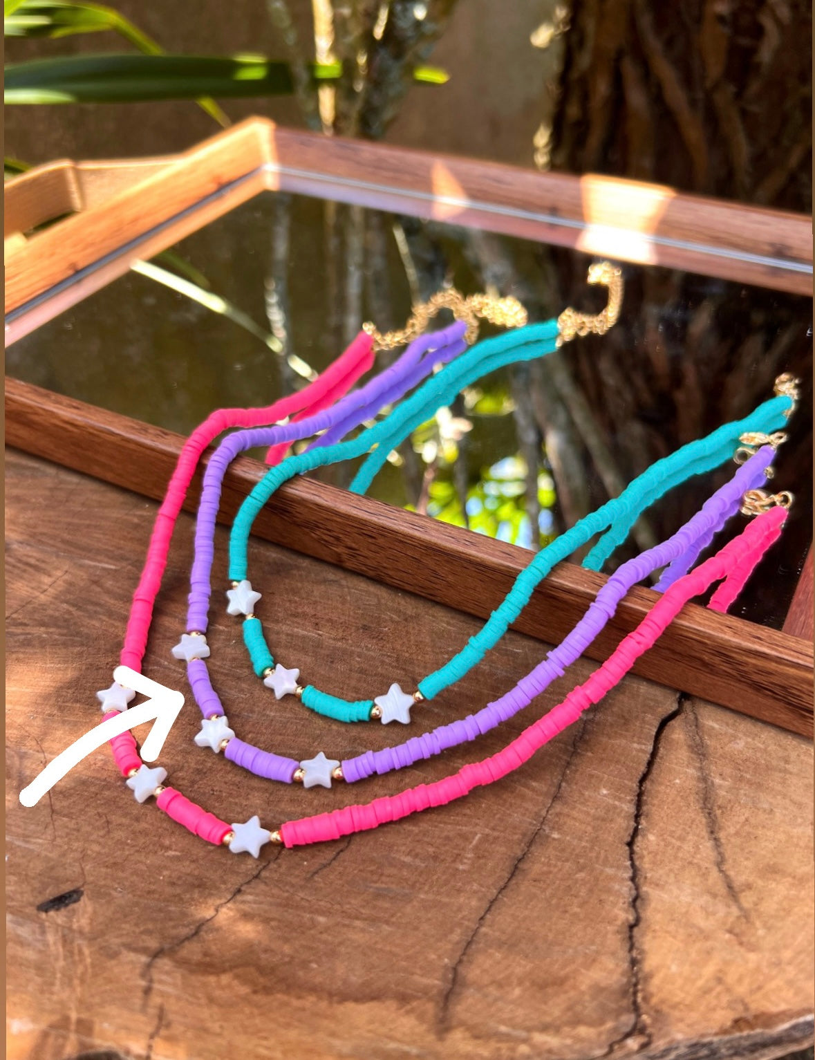 Choker Betina Estrelas Madrepérola Discos Lilás 40cm*