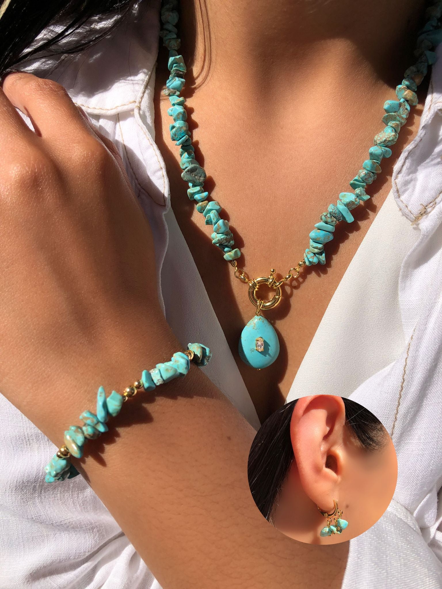 Conjunto De Colares Cascalho Turquesa E Brinco