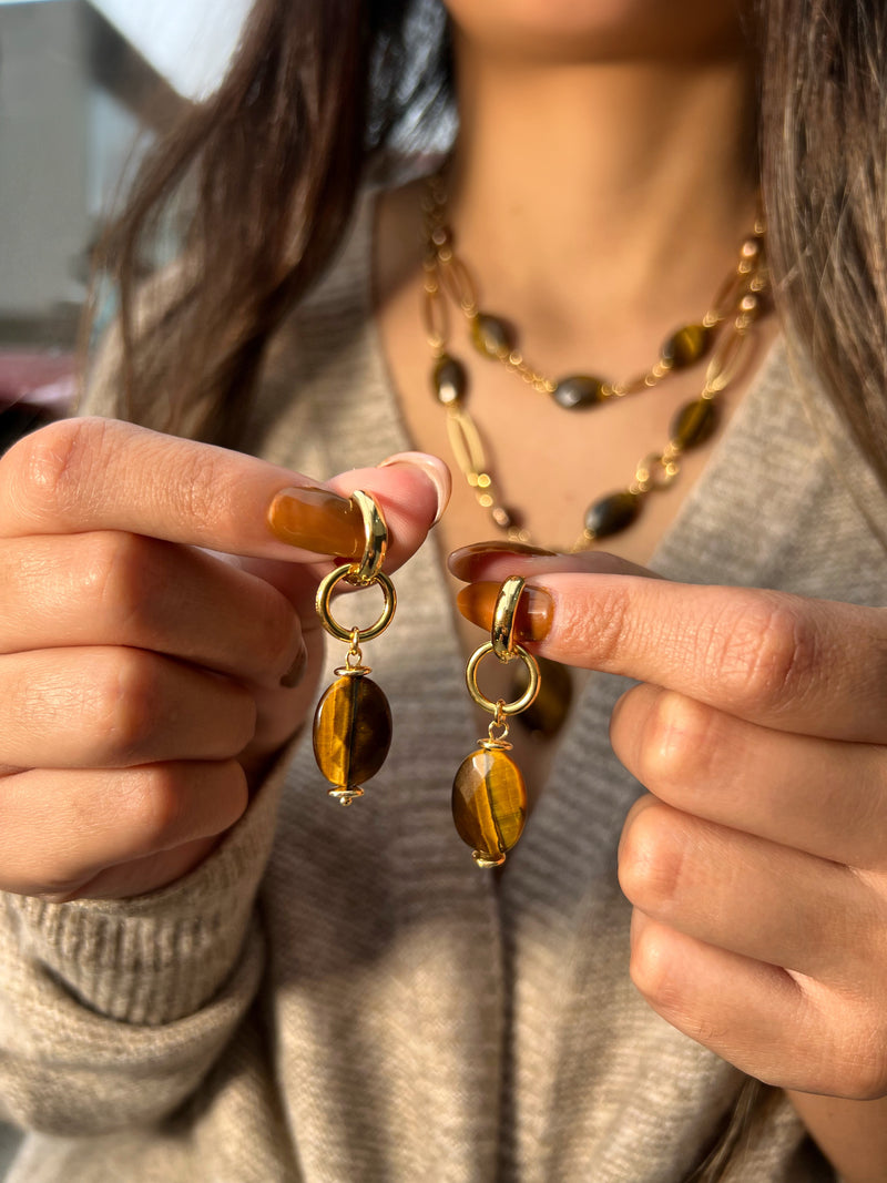 Brinco Argola Ouro Com Pedra Olho De Tigre