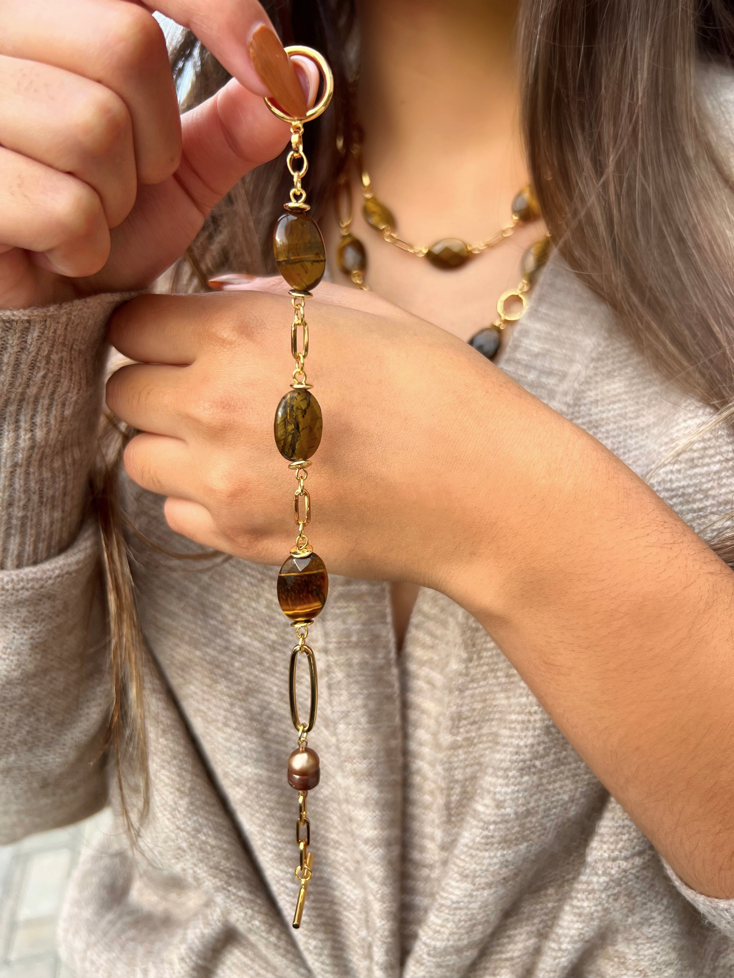 Pulseira Com Pedras Olho De Tigre 19cm