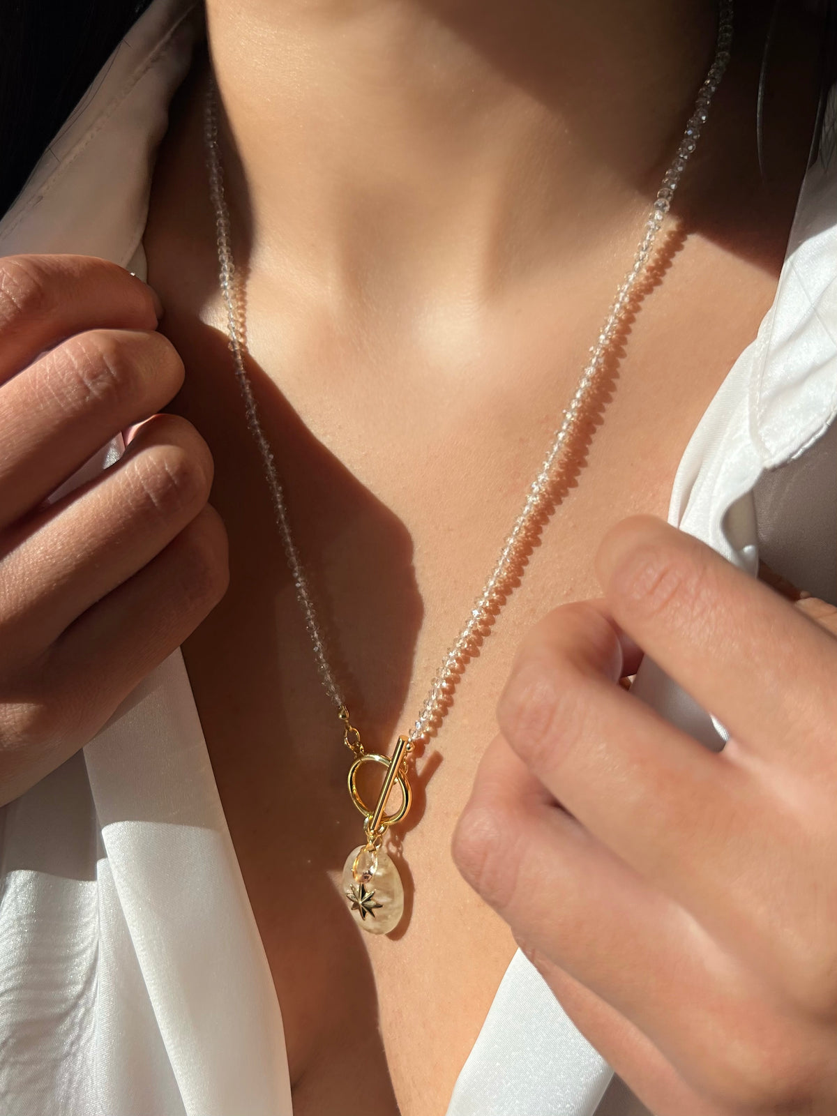 Colar Em Cristais Lapidados Cor Champagne, Quartzo Rutilado Estrela Com Fecho T 55cm