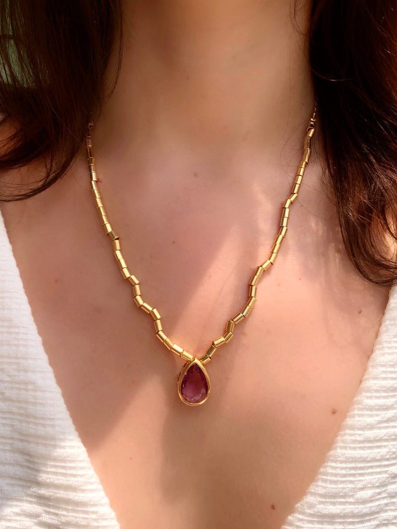 Colar Diana Com Gota Lapidada Cor Ametista 45cm