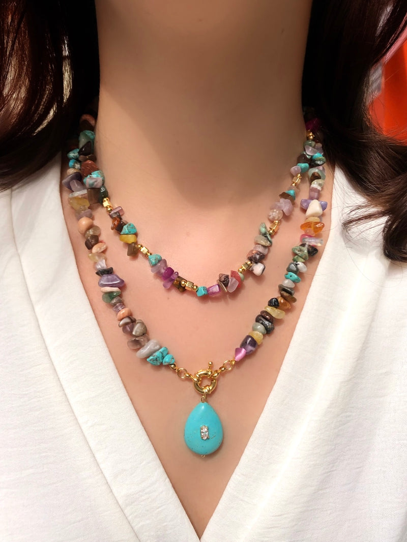 Mix De Colares Cascalhos Coloridos e Gota Turquesa