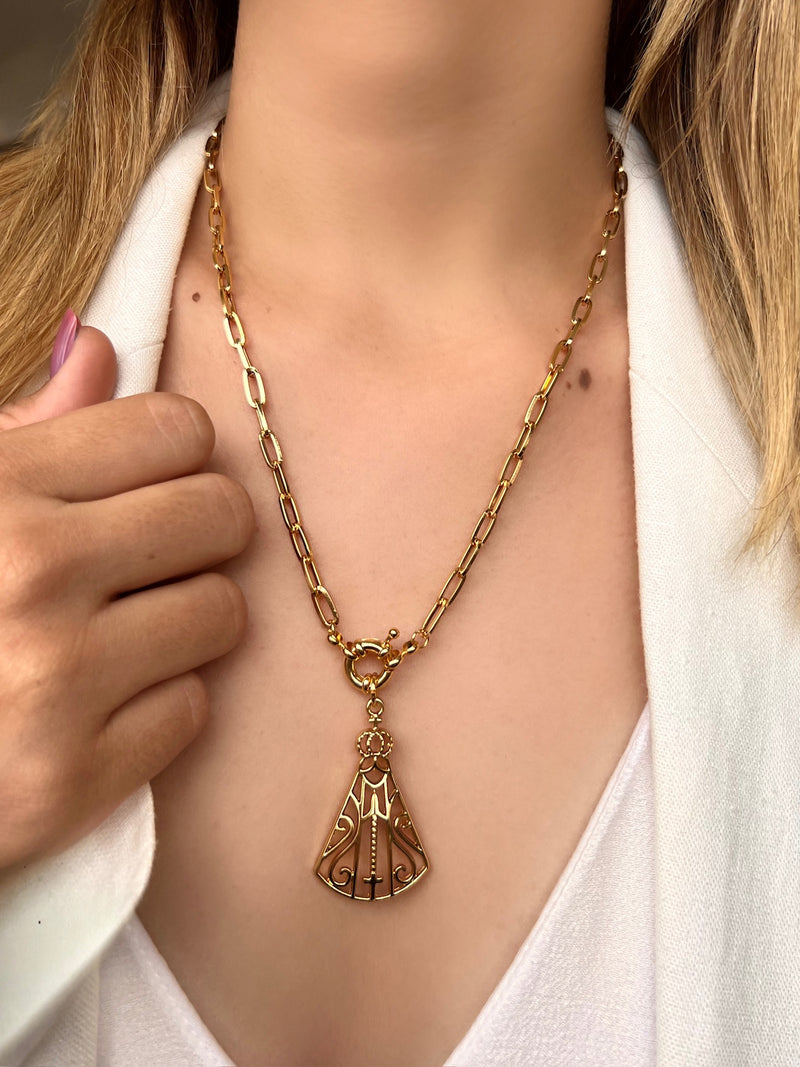 Colar Nossa Senhora Aparecida Com Corrente Elos Fina 50cm