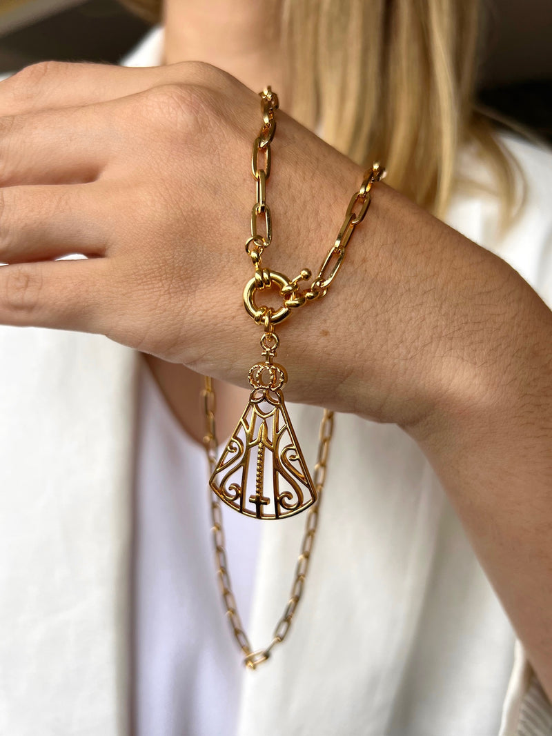 Colar Nossa Senhora Aparecida Com Corrente Elos Fina 50cm