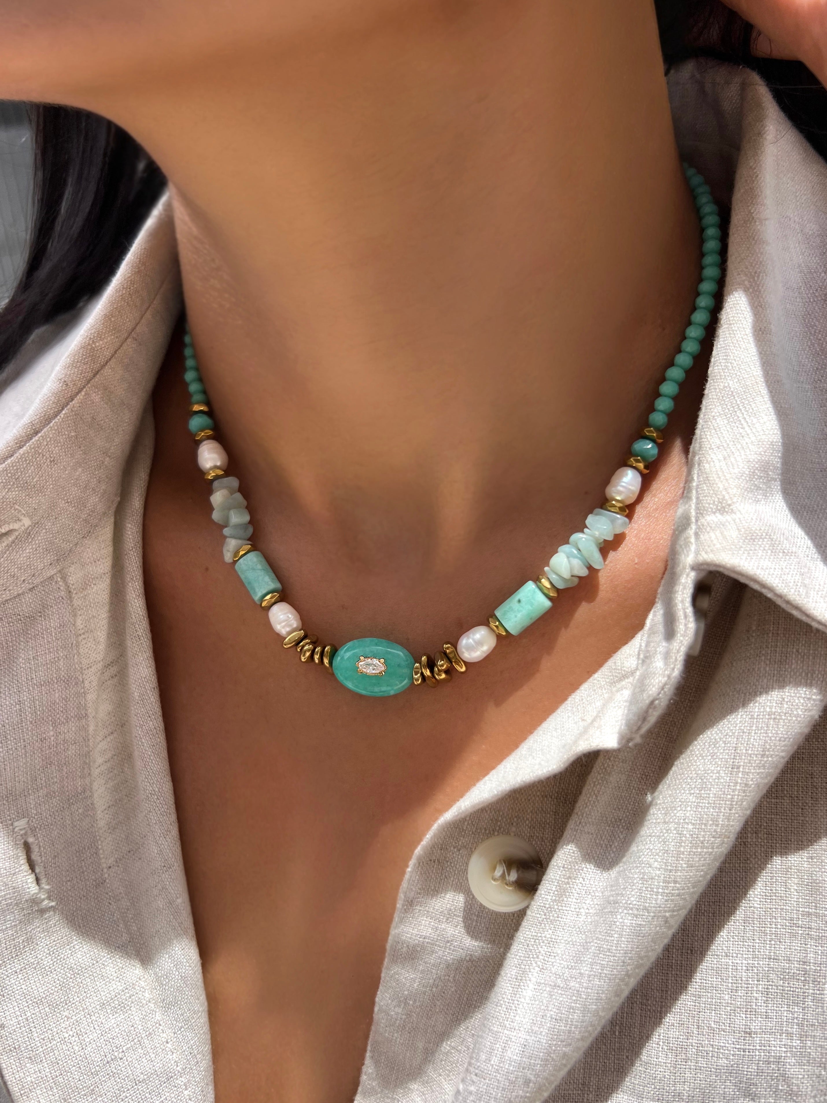 Colar Pedra e Cascalho Amazonita Com Pérola e Hematitas 40cm