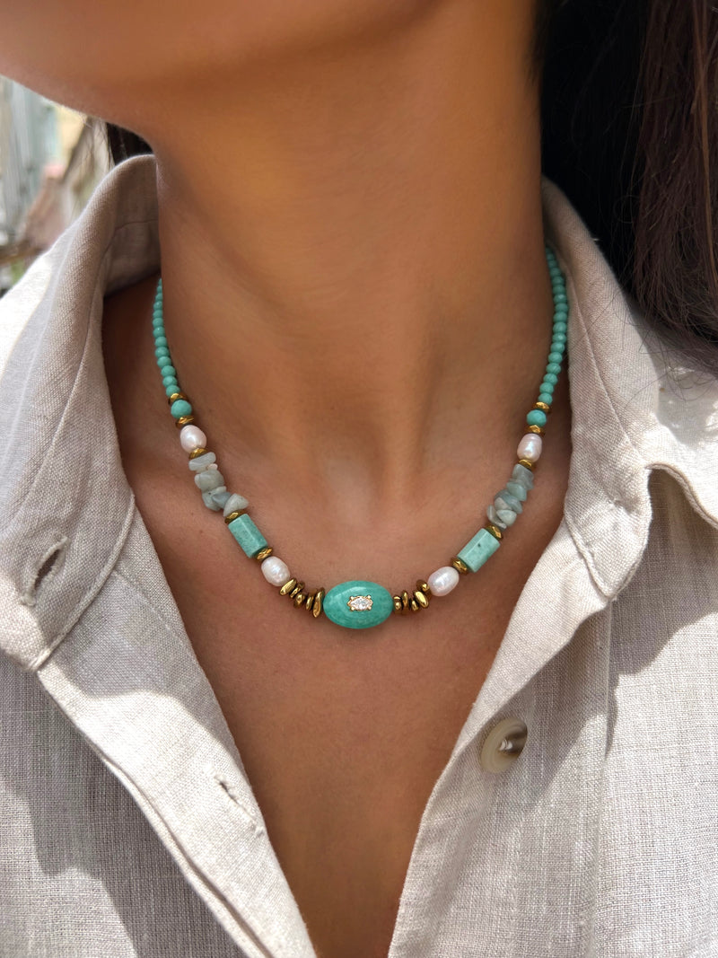 Colar Pedra E Cascalho Amazonita Com Pérola E Hematitas 40cm