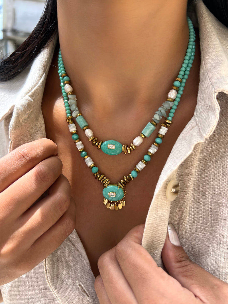 Mix De Dois Colares Pedra Amazonita E Cascalho Madrepérola Com Hematitas