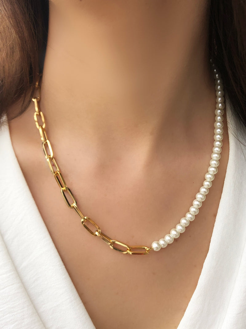 Colar Duo Corrente Elos Media E Perolas De Vidro